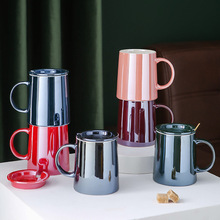 歐式色釉陶瓷馬克杯子帶蓋 創意簡約電光家用辦公餐廳情侶杯批發