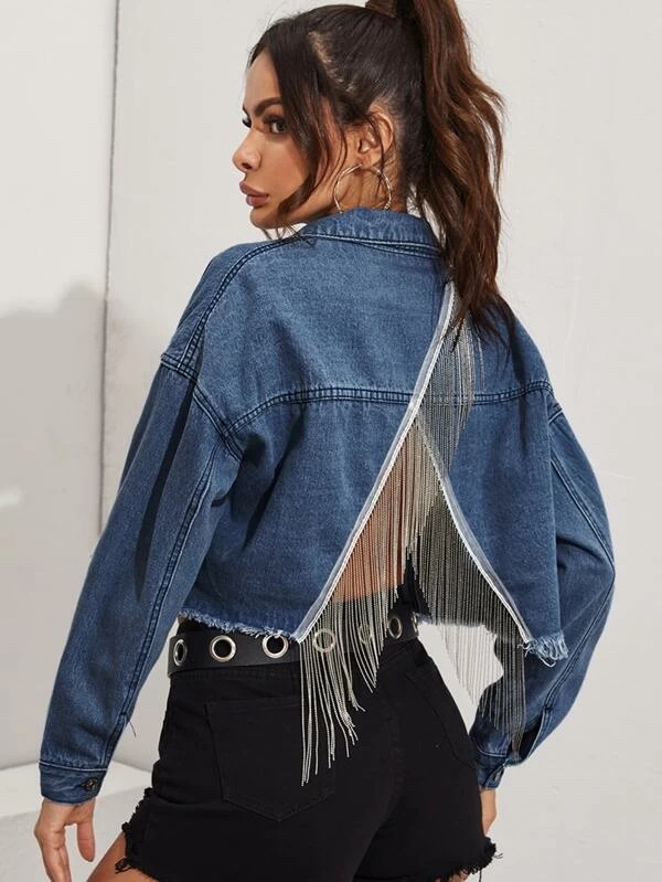 Back Slit Tassel Stitching Denim Cropped Jacket NSGYY107742