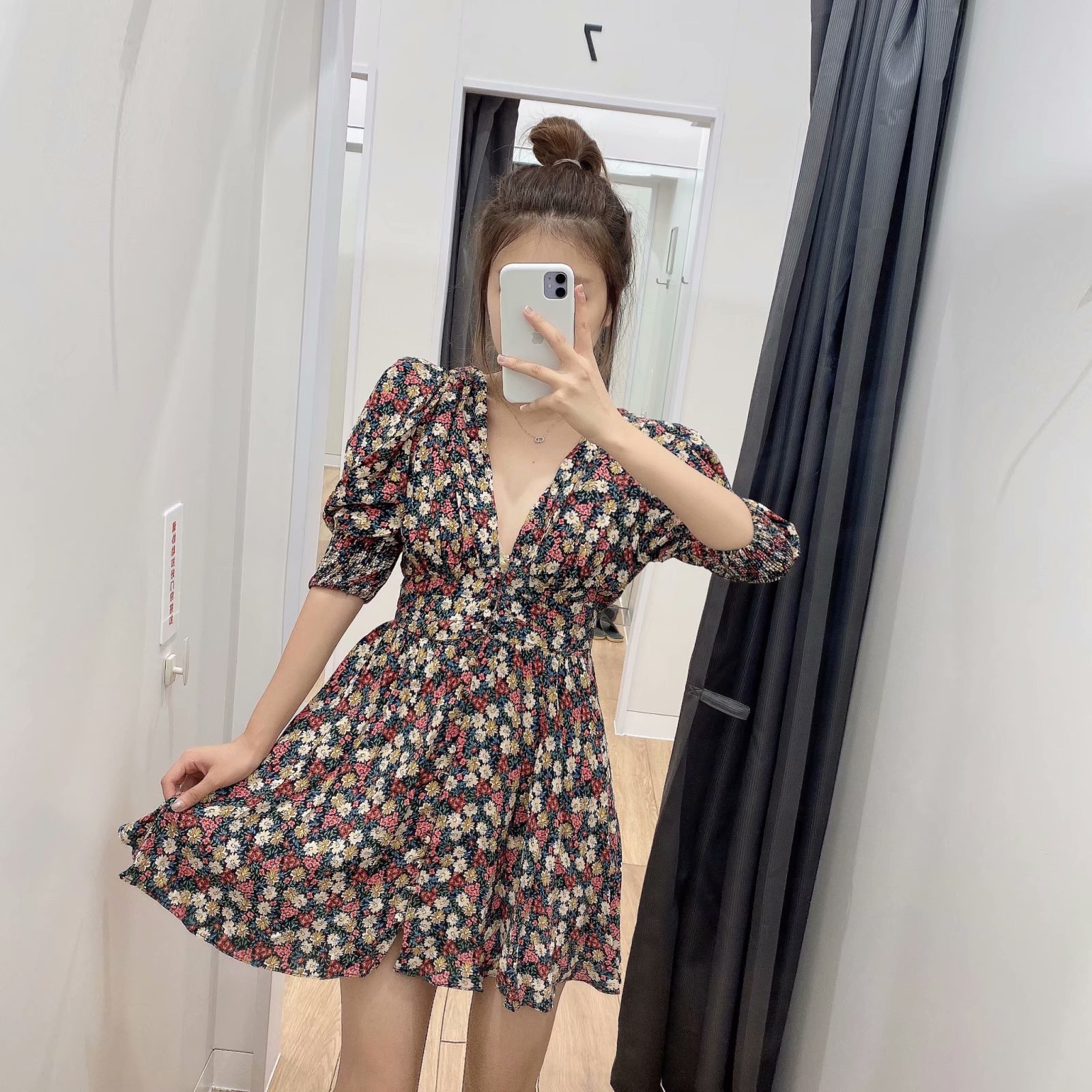 autumn retro dress with shoulder pad printing NSAM3598