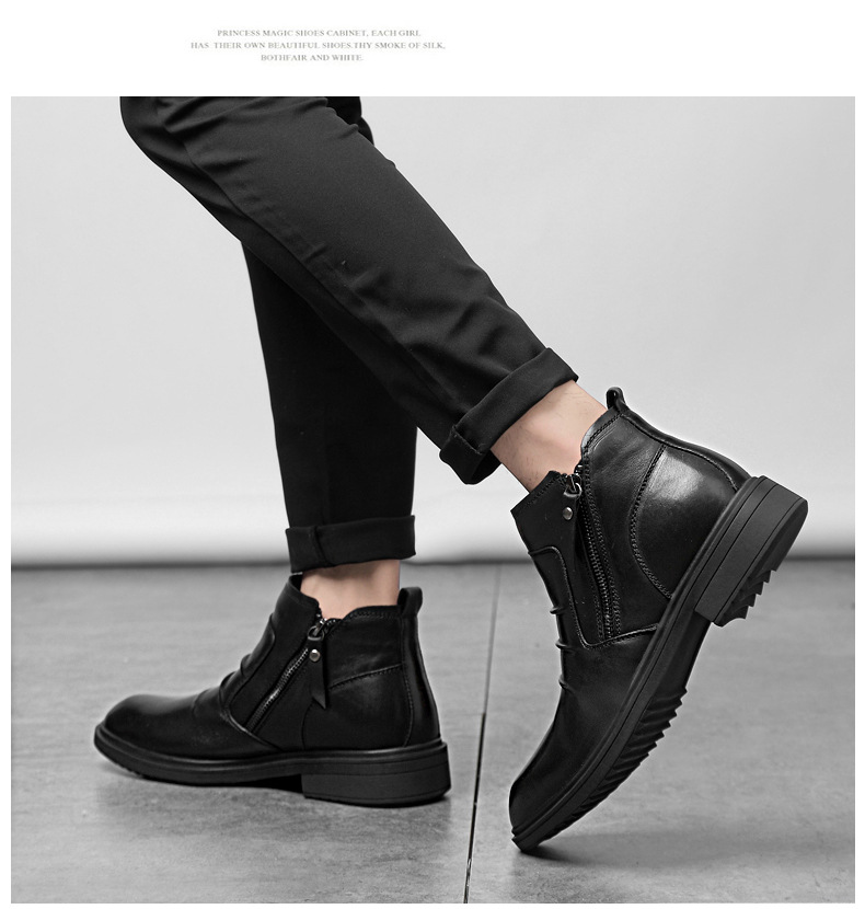 Mittelhohe Lederschuhe, lässige kurze Stiefel, Lederstiefel mit seitlichem Reißverschluss, warme Schneestiefel_voghion.com