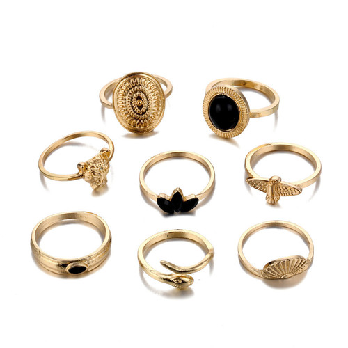 欧美跨境饰品波西米亚风个性百搭复古金色戒指8件套装