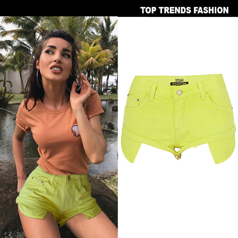 European and American Women's Sexy Denim Shorts Fluorescent Yellow Vacation Loose Elasticless Curl Pocket Beach Hot Pants INS