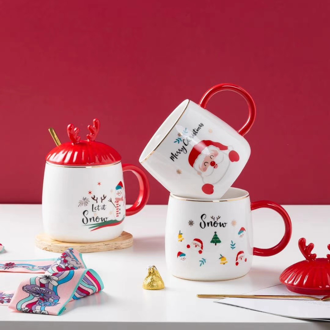 Santa alce taza con tapa cuchara regalo taza de café estilo nórdico cerámica taza de agua Oficina personalidad taza