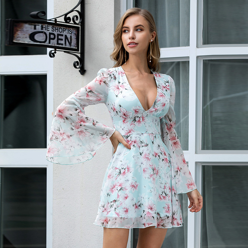 V-neck high waist flared sleeve dress NSWX18298