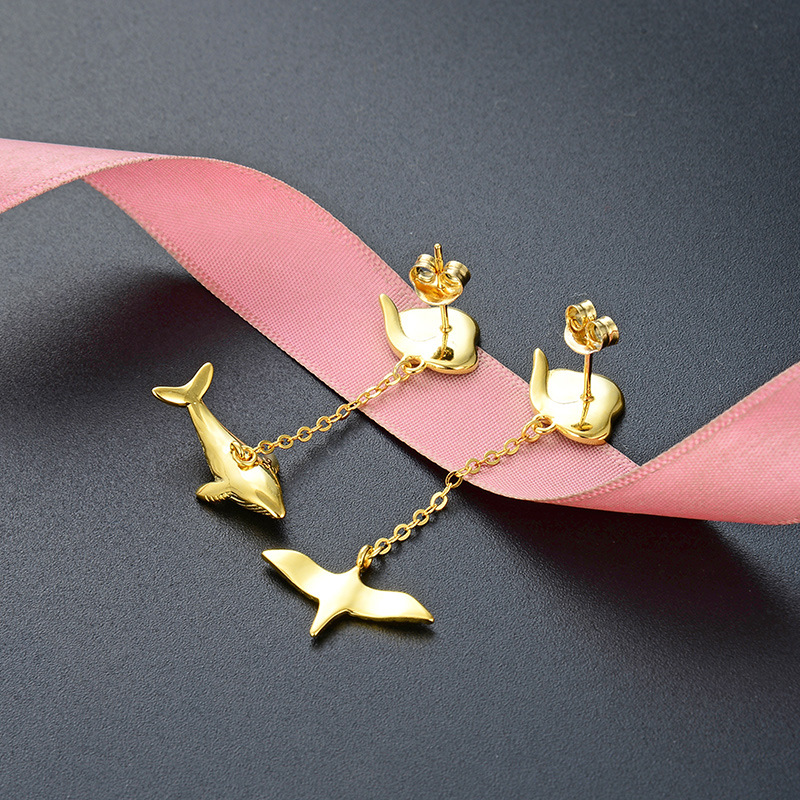 S925 gota de plata aceite ballena larga oreja pendientes estilo japonés y coreano creativo oro asimétrico pájaro pendientes