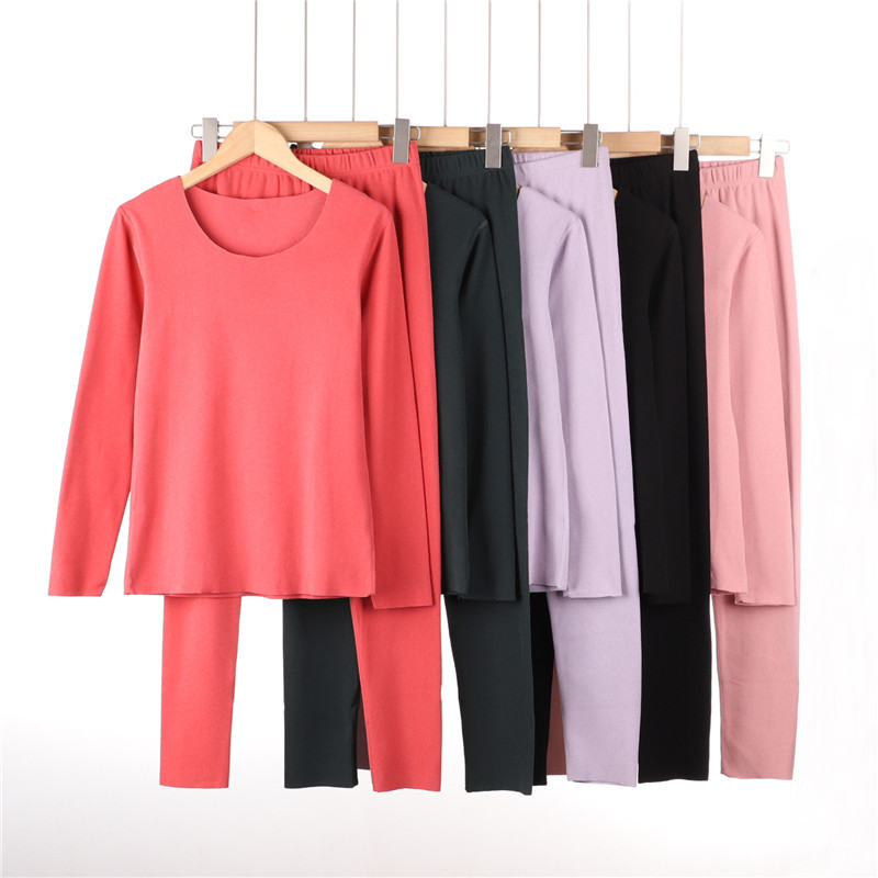 Double-Sided Velvet Crewneck Seamless Thermal Underwear Women's Autumn and Winter Large Size Base Wear Autumn Clothes and Pants Two-Piece Suit
