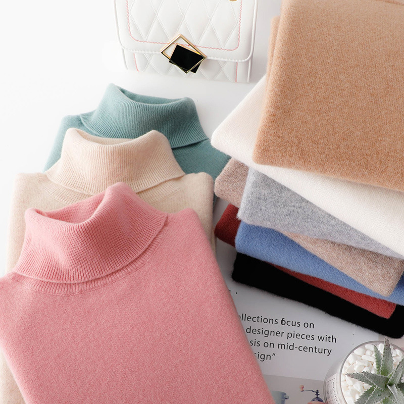 High-end Factory Women's Pure Wool Sweater Merino Cashmere Knitted Top High Collar Slim-fit Simple Autumn and Winter Base Clothes