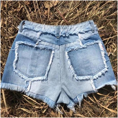 Cross border Europe and America Amazon Tight fitting sexy Mosaic tassels Middle-waisted The legs Denim shorts