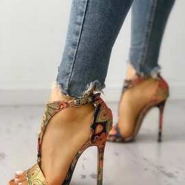 2020年外贸女鞋细跟高跟鞋40-43大码印花欧美性感高跟鞋凉鞋