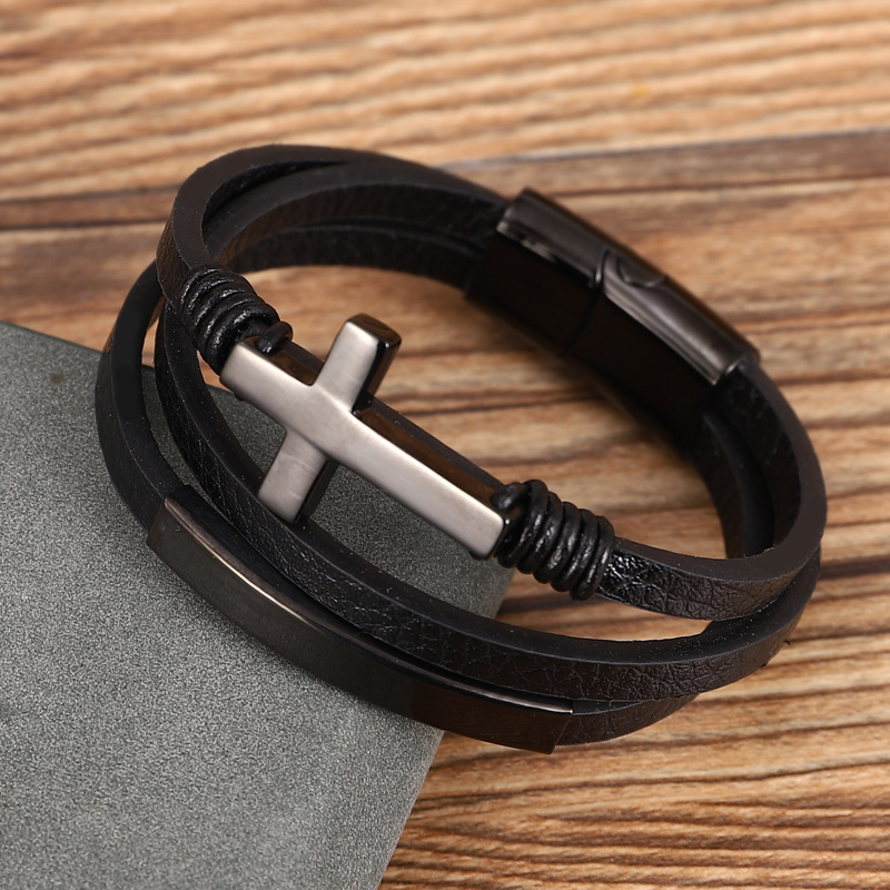 Retro Cross Stainless Steel Pu Leather Men's Bracelets 1 Piece display picture 2