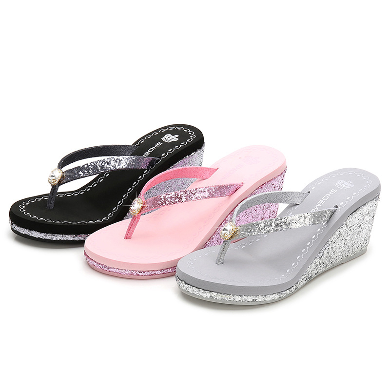 Women's Casual Solid Color Sequins Rhinestone T-Strap Flip Flops display picture 1