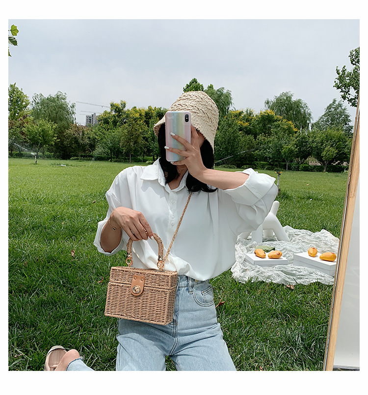 Single Shoulder Strap Strap Type Straw Bag Bags Type Medium Straw Solid Color Square Buckle Straw Bag
