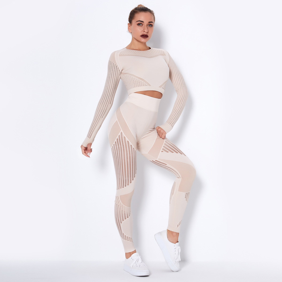 Seamless Mesh Quick-Drying Long Sleeve Striped Yoga Suit NSNS10714