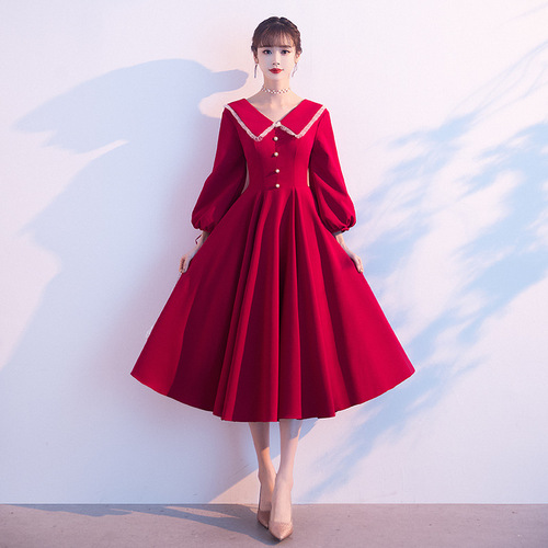 Evening Dresses cocktail party banquet dress vestido de banquete de cóctel Pregnant women&apos;s clothing Niang wine red long sleeve high waist V-neck large fat mm belly covering evening dress