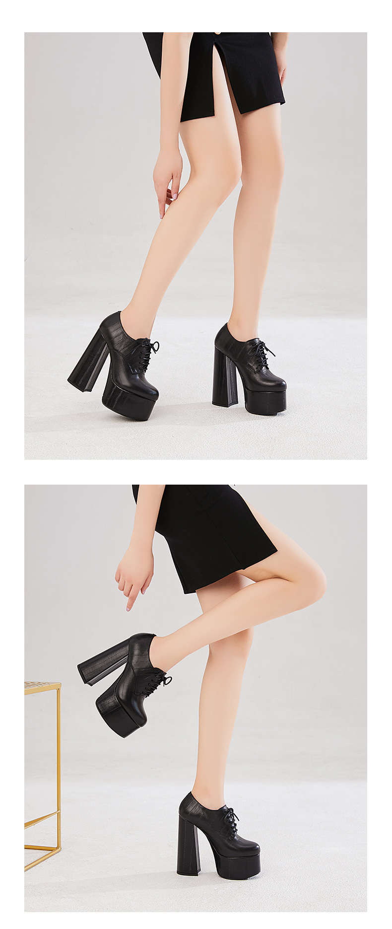 Giày cao gót nữ mũi tròn đế xuồng platform dây buộc da bò siêu cao gót 14,5 cm — Màu đen da cừu lộn chi tiết 8