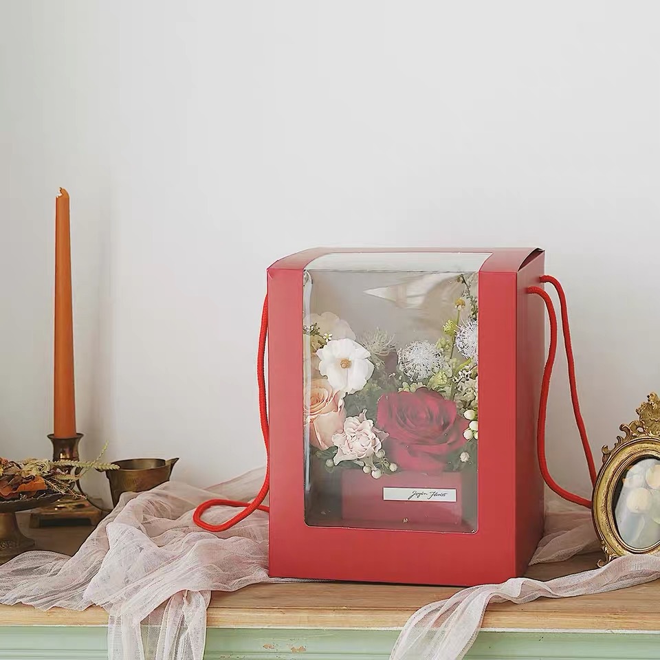 Jingkai Teacher's Day New PVC Transparent Display Box for Valentine's Day Flower Bouquet Gift Box with Window and Carry Handle