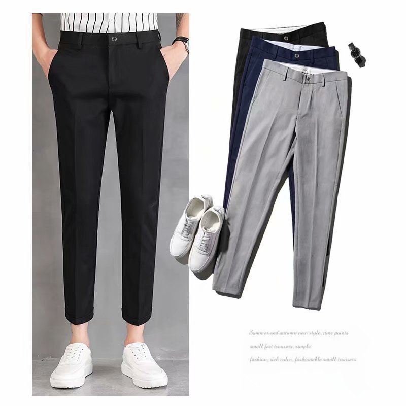 Summer 9-point pants (men's Korean version) trendy black casual pants (thin style falling feeling) suit pants (men's slim fit small leg trousers)