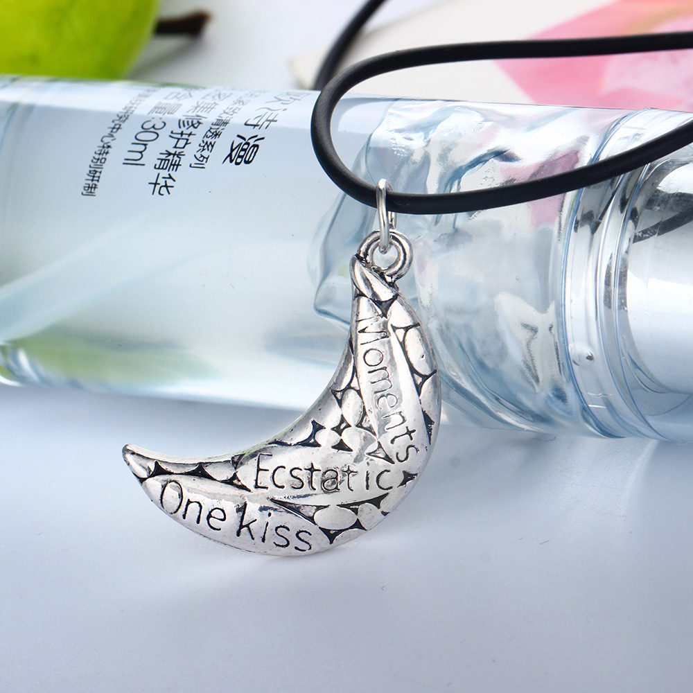 Fashion New  Silver Crescent Lettering Pendant Leather  Necklace display picture 5