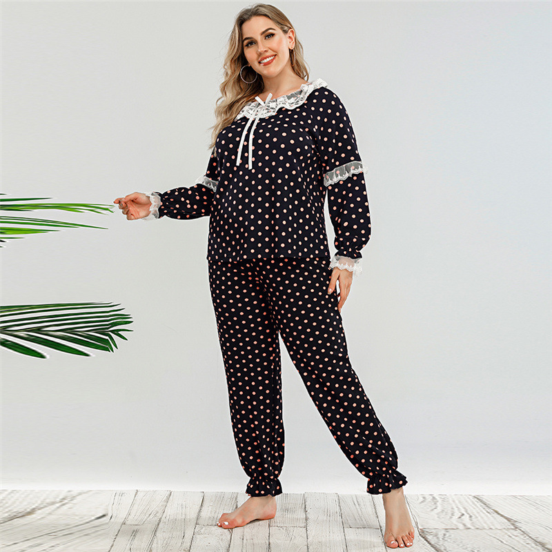 Plus Size Bow Tie Polka Dot Long-Sleeve Top Elastic Trousers Set NSWCJ92721