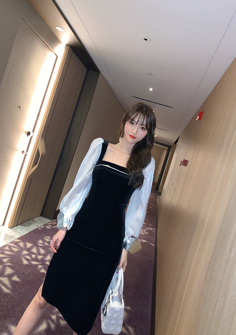 Váy nhung nữ cổ vuông ôm body xẻ tà phong cách Hepburn — Màu đen chi tiết 3