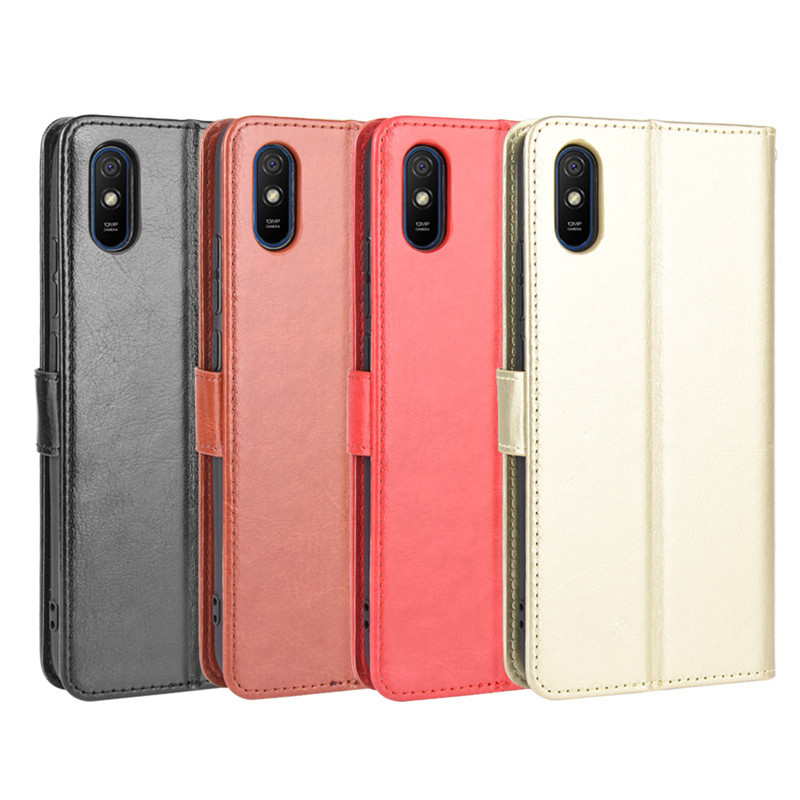 For Xiaomi Redmi 9A Mobile Phone Case Red Rice 9AT Mobile Phone Leather Case Crazy Horse Pattern Card Strap Flip Protective Case