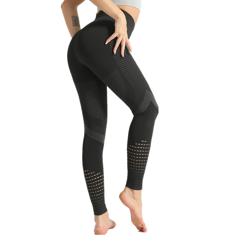 High Waist Thin Foot Striped Hollow Yoga Seamless Leggings Girl