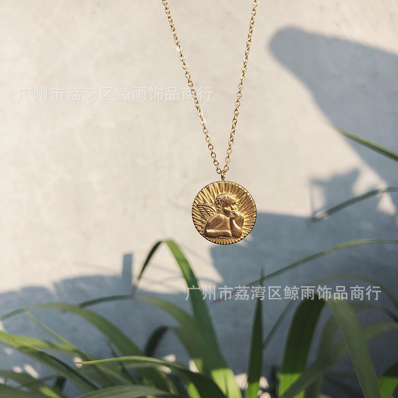 12g Weight Vacuum Plating Gold Plating Process 18K Gold Plated Plating Material 304 Stainless Steel Pendant Material Necklace Classification 304 Stainless Steel Chain Material 304 Stainless Steel Material Angel Pattern Women'S Gender Fashion Style Gold Color Wholesale Jewelry Fashion Angel 304 Stainless Steel 18K Gold Plated Necklace 1