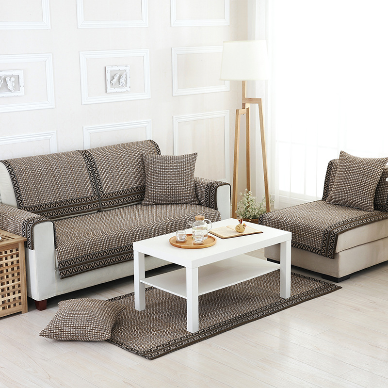 冬季加厚棉麻沙发垫套罩四季实木123组合新中式坐垫咖啡色盖布巾