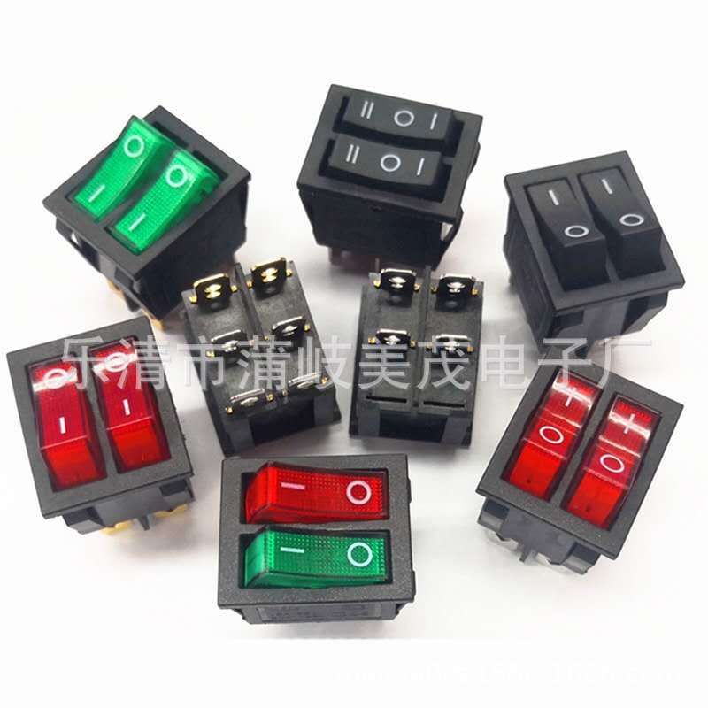 批发船型电源翘板开关 红绿 KCD4 双联 6脚带灯 15A/250V 20A/125