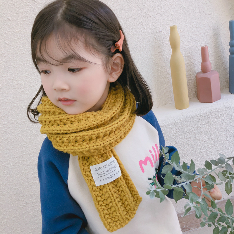 INS风日系纯色贴标毛线儿童围巾冬季韩版简约男女童户外保暖围脖