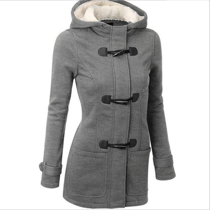 oioninos goods in stock Women's wear Autumn and winter Horn button overcoat thickening Mid length version Hooded Blending Jacket cotton-padded clothes 8090
