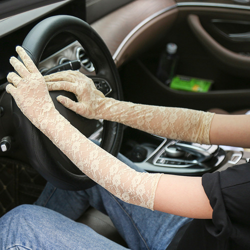 Wholesale women's summer sun protection gloves lace gloves anti-UV driving long thin five-finger gloves on behalf of