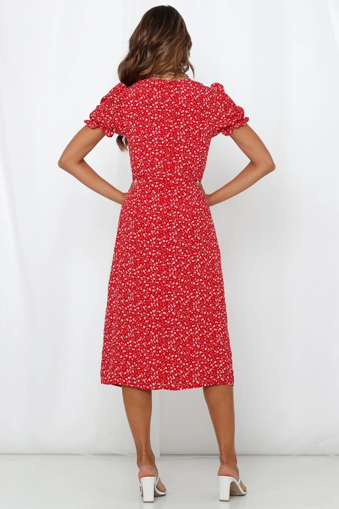 square collar lantern sleeve hem slit printed dress NSYD3887