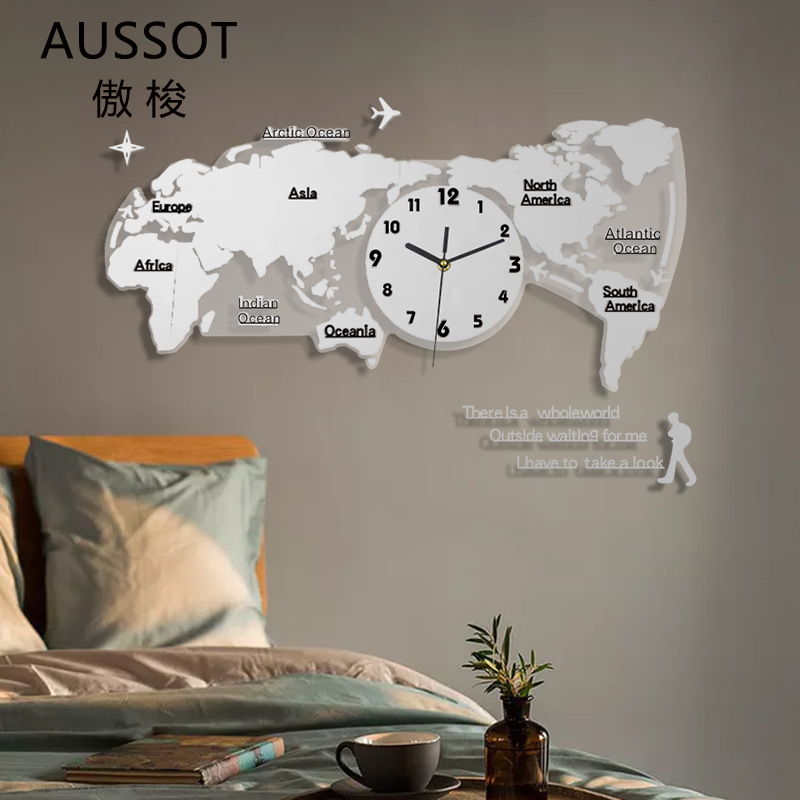 Nórdico moderno minimalista creativo mapa del mundo Reloj de pared salón luminoso reloj decorativo acrílico 3D Reloj de pared