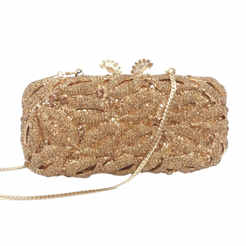 Túi clutch nữ đính đá kim cương dạ hội kim loại cắt gọt, kèm dây xương cá 48 cm — màu vàng, đen đỏ, màu đen, Kim cương vàng trên vàng chi tiết 1