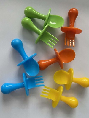 婴儿短柄勺子叉子套装宝宝吃饭训练纯色简约塑料勺叉组合儿童餐具|ms