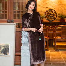 妙生蓮中式復古改良圓領斜襟唐裝女連衣裙顯瘦中國風真絲絨旗袍裙
