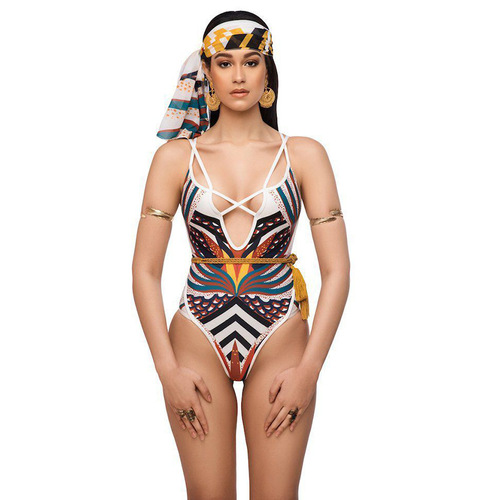 Swimsuit women Swimwear high waist belly covered swimming totem Printed One Piece Bikini