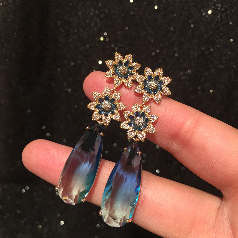 Golden Flower Earrings Modified Face S925 Silver Needle Long Tassel Big Water Drop Gradient Color Tourmaline Earrings display picture 5