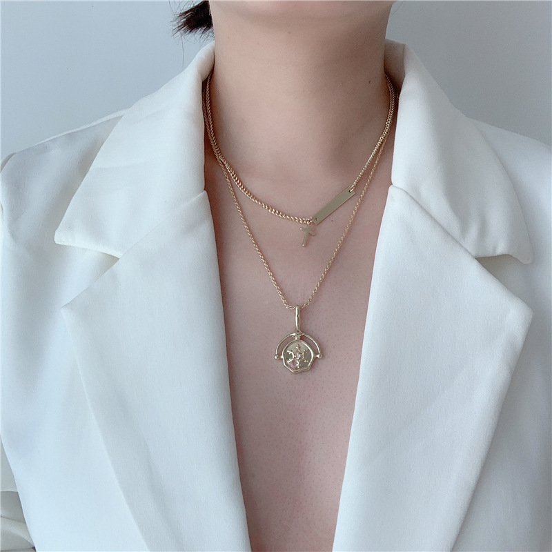 Korean New Metal Chain Choker Double Necklace Clavicle Chain Square Brand Cross Fan Pendant Necklace Wholesale Nihaojewelry display picture 2