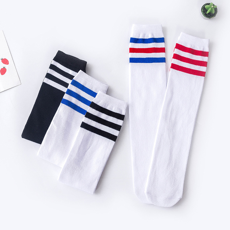 女童中筒袜学生校服三条杠过膝长筒袜男童条纹精梳棉长袜高筒袜子|ru