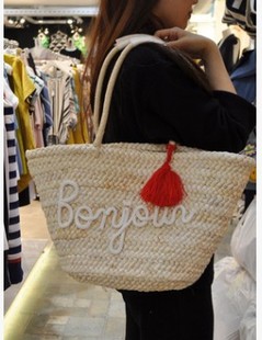 Korean Style Popular Tassel Bag Fur Ball Star Straw Bag Corn Leather Bag Large Capacity Beach Bag Fashion Casual Bag