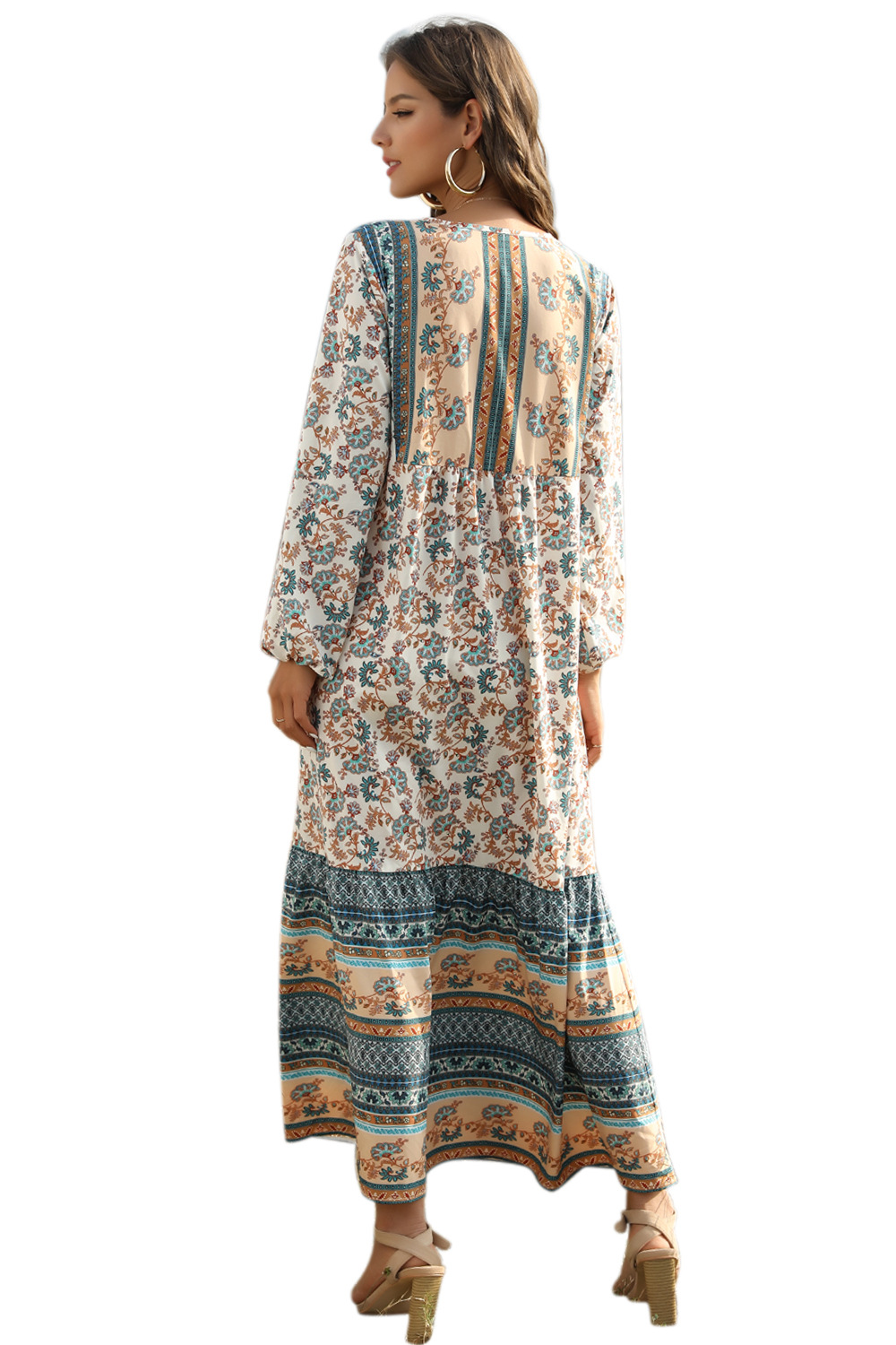 Lace-up long bohemian print loose long sleeve dress NSDF1494