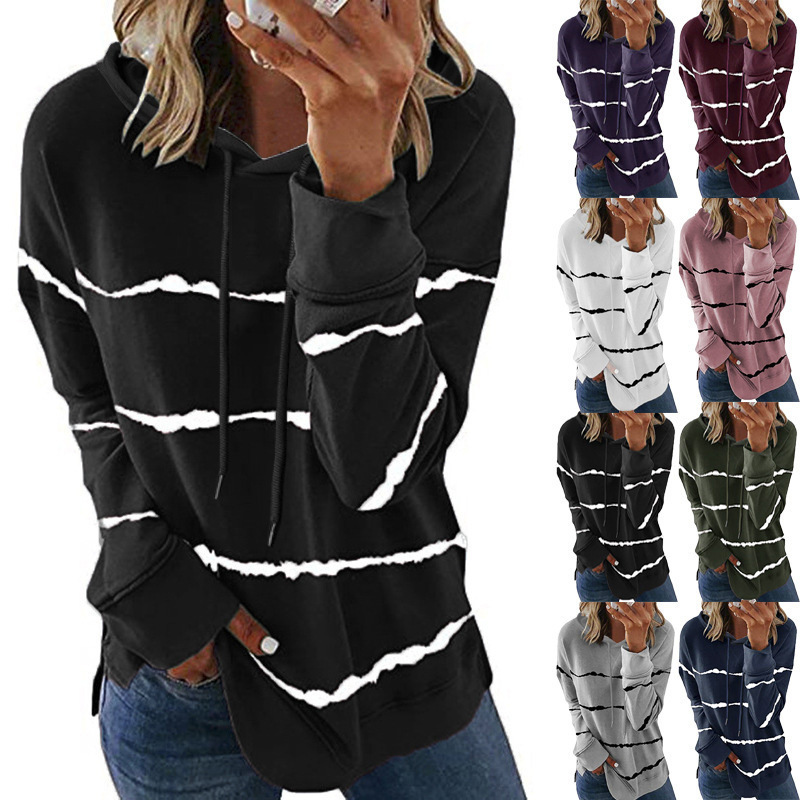 2020 Cross-border European and American Women's Amazon wish Top Autumn and Winter New Striped Printed Loose Hooded Sweat for Women