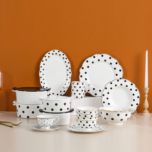 Ins Nordic-style household ceramic bowl simple tableware set dot beef plate Western dinner plate salad bowl soup noodle bowl
