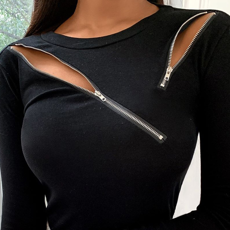 Spring and Autumn New Black Round Neck Long Sleeve Asymmetric Zipper Chain Slim Top Women