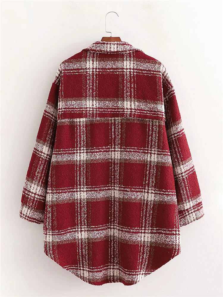 contrast color plaid long lapel woolen coat   NSLD11576