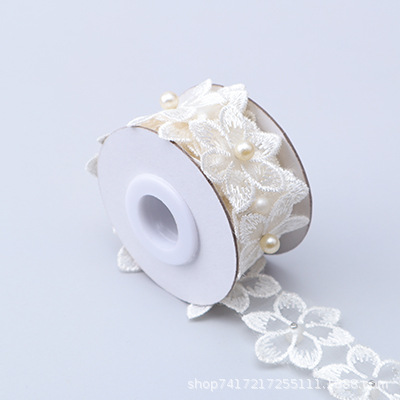 En stock 3,3 cm de una sola capa de flores bordadas de seis pétalos de flores orden perla encaje de organza de encaje ropa de falda de DIY