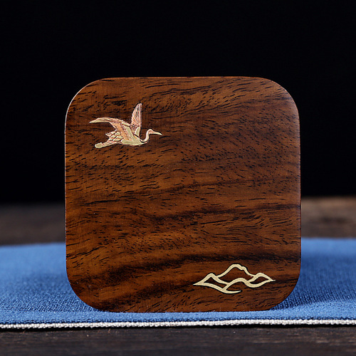 [Copper Wood Coaster] Black sandalwood whole solid wood log inlaid with brass kung fu tea ceremony anti-scalding accessories tea cup holder