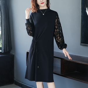 Solid half high collar Pullover knitted dress loose lace sleeve medium length A-line skirt for women